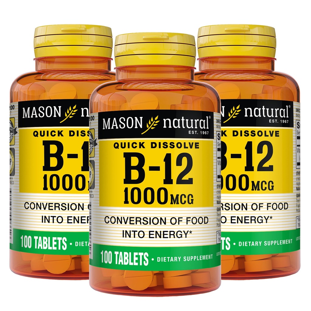 MASON NATURAL B,12 1000 mcg Dissolve rapide, 300 jours pour une conversion saine des aliments en énergie (3 pack)
