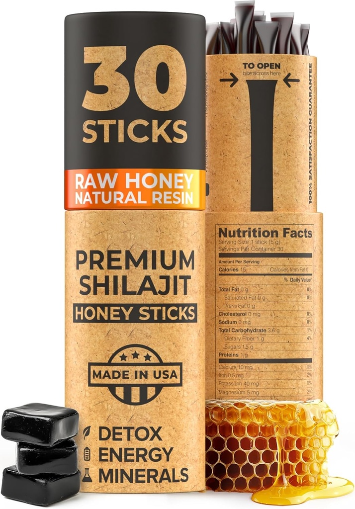 NATURAL SHILAJIT Honey Sticks - Shilajit Resin mit Rohhonig, Fulvic Acid & Trace Minerals, Pflanzenbasierte Nährstoffe für Energie, Immununterstützung & Vitalität - 30 Shilajit Sticks