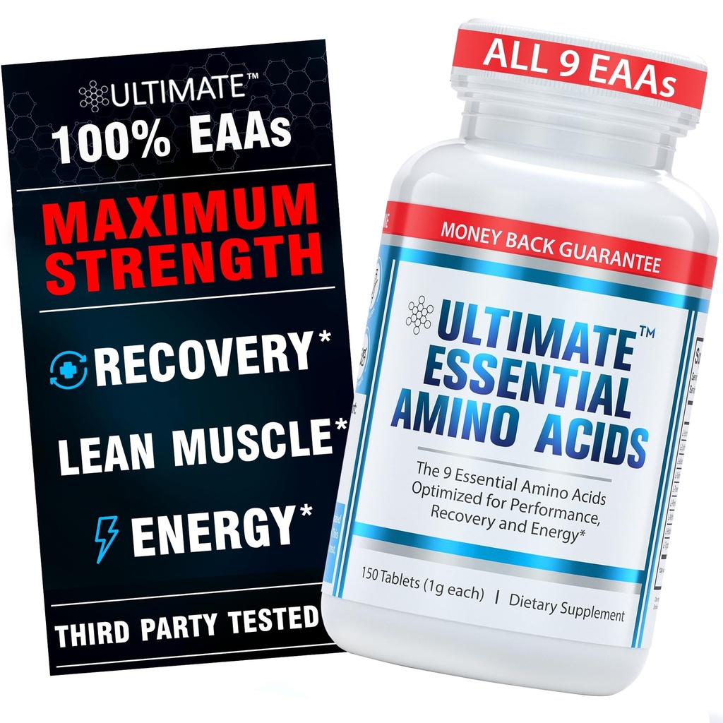 Ultimate Essential Amino Acids Supplement for Cutting, Fasting & Workouts, Tous les 9 AAE, 3000mg, 40% Leucine, 4:1:1 BCAA Ratio, sans bible avec revêtement organique, végétalien, kéto, non-OGM, 150 comprimés