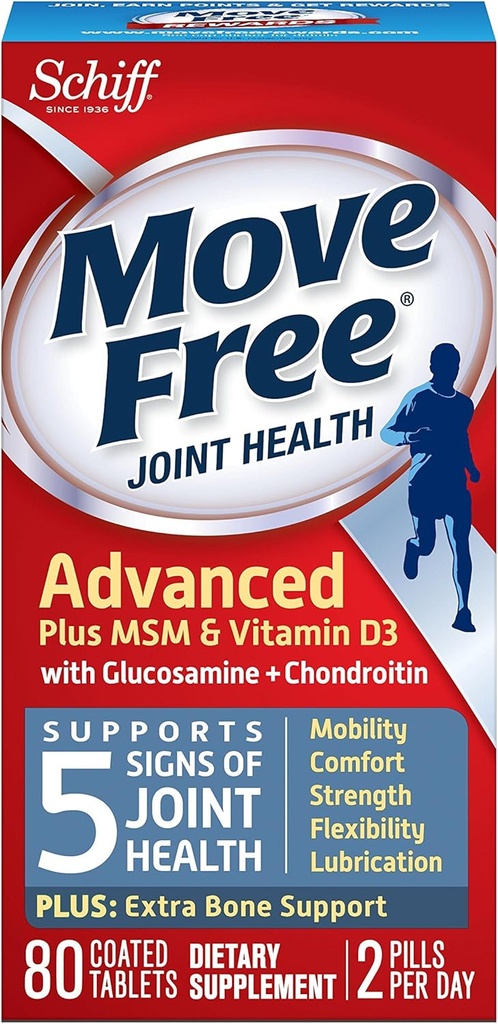 Déplacer sans glucosamine avancée Chondroïtine MSM vitamine D3 et supplément d'acide hyaluronique, 80 Compte