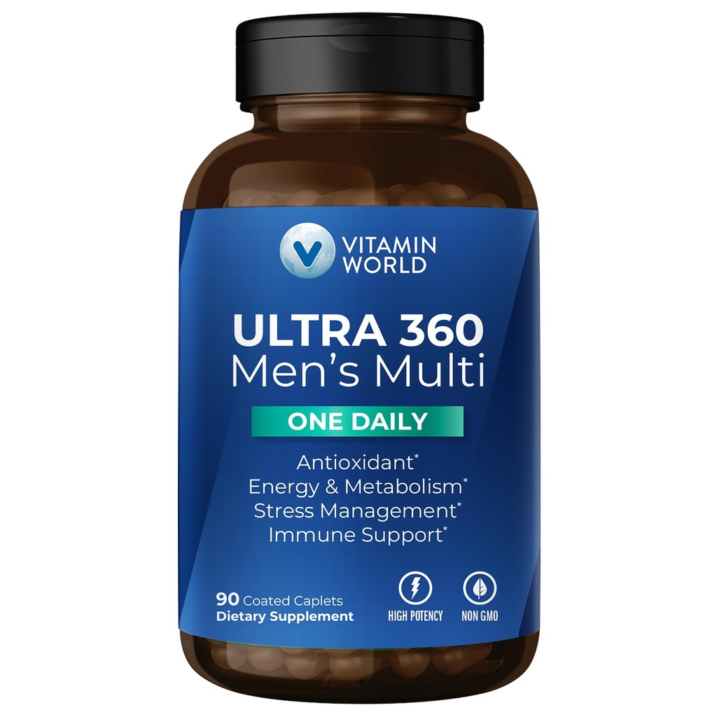 Vitamin World Ultra 360 Multivitamin für Männer One Daily, Men's Multivitamin mit Mineralien, Kräuter & Antioxidantien, Tägliche Ergänzung mit Vitamin A, C, D, E & Zink für Energie & Immununterstützung, 90 Caplets