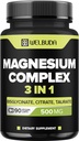 3en1 Complexe de magnésium 20% Purifié - 500mg de bisglycinate de magnésium, de citrate et d'oxyde pour les muscles, l'humeur de relaxation, la santé osseuse et plus - 90 Capsules