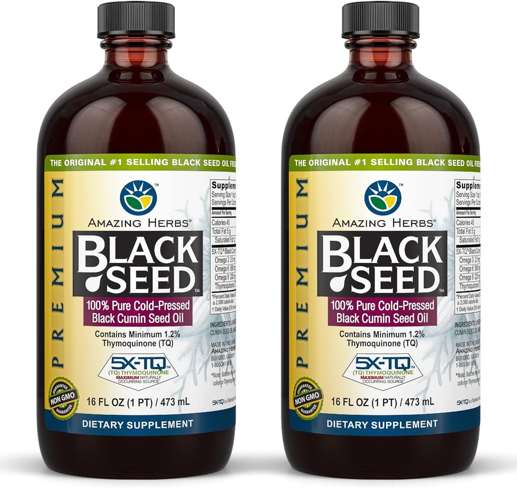 Amazing Herbs Premium Huile de Graine Noire - Sans gluten, sans OGM, Nigella pressée à froid Sativa Aides dans la santé digestive, le soutien immunitaire, la fonction cérébrale, la mobilité conjointe - 16 Fl Oz (paquet de 2)