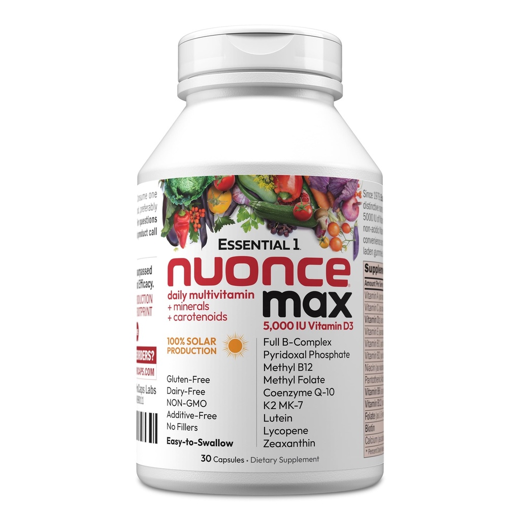 ANDREW LESSMAN Essential-1 nuonce max Multivitamin 5000 IU Vitamin D3 30 Small Capsules. 100 mcg Methyl B12. CoQ10 Lutein Lycopen Zeaxanthin. Hohe Potenz. Keine Zusatzstoffe. Ultra-Mild One Tageskapsel