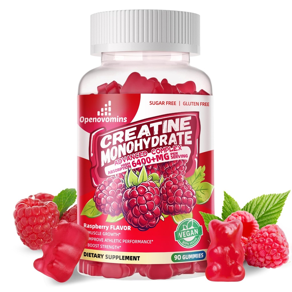 Creatine Monohydrate Gummies Complex 6400mg für Herren & Frauen - Fortgeschrittene Formel W/L-Taurine + Vitamin B12, Sugar Free Chewable Supplement,90 Raspberry Gummies