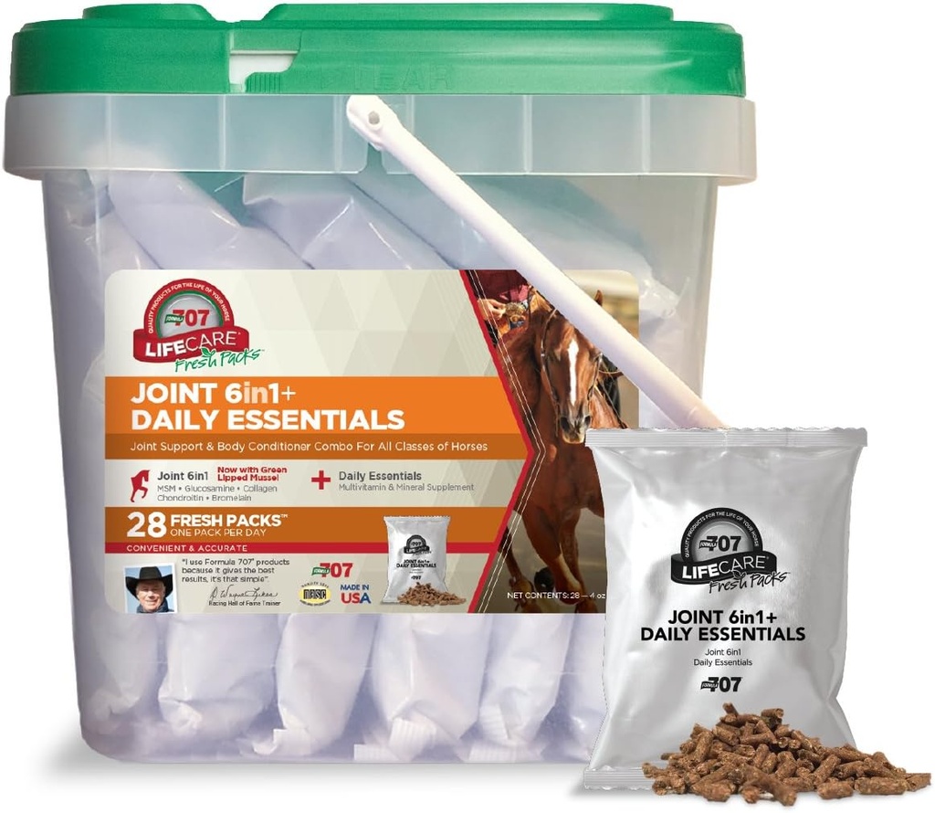 Formel 707 Joint 6in1 + Daily Essentials Combo Fresh Packs Equine Supplement, 28 Tage Versorgung: Green-Lipped Mussel, Glucosamin, Chondroitin, Collagen, Bromelain & MSM + Complete Vitamins