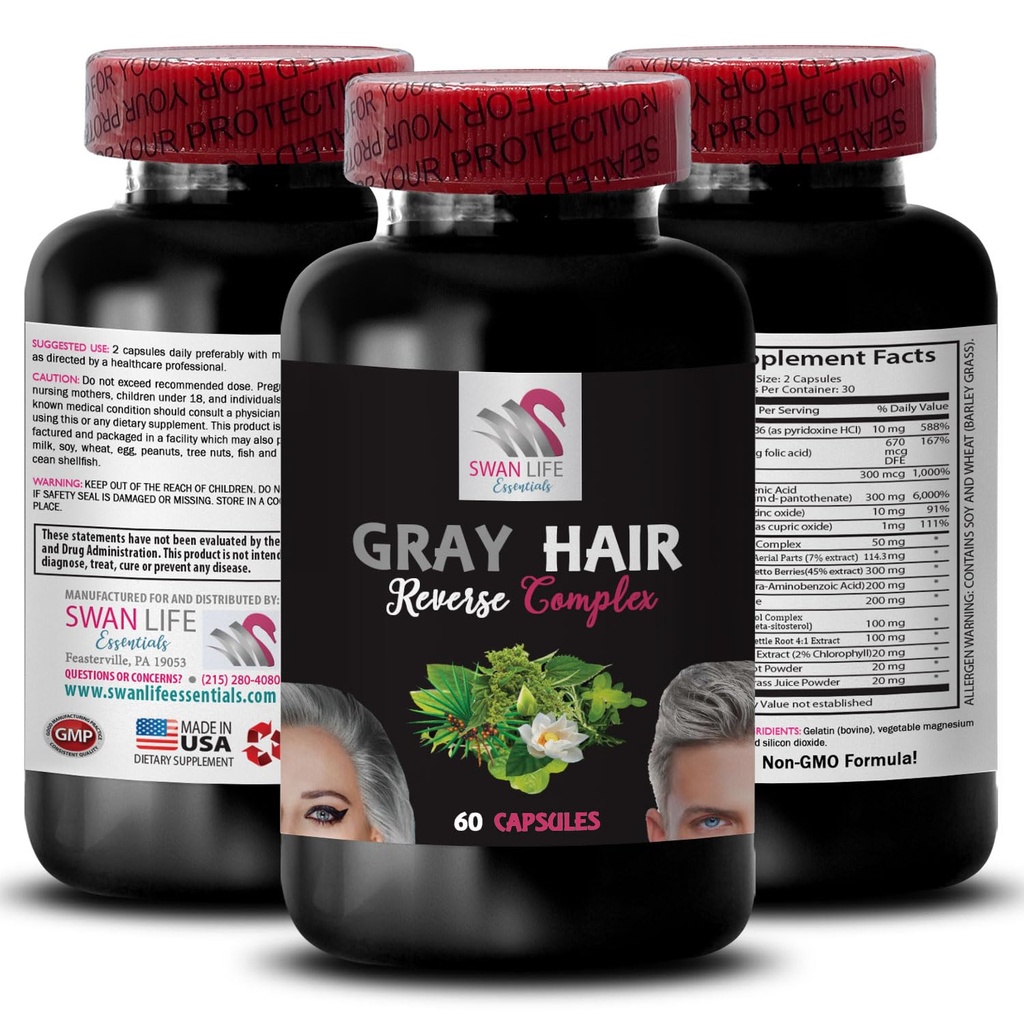 Gray Hair Supplement - GRAY HAIR REVERSE - Haarrevitalisierung, intensive Haarfarbe, natürlicher Glanz, dynamische Farbe, erneuertes Haar Aussehen, Haarglänze, frische Rüttel, Farbe Re-energizer 1Bot 60Caps