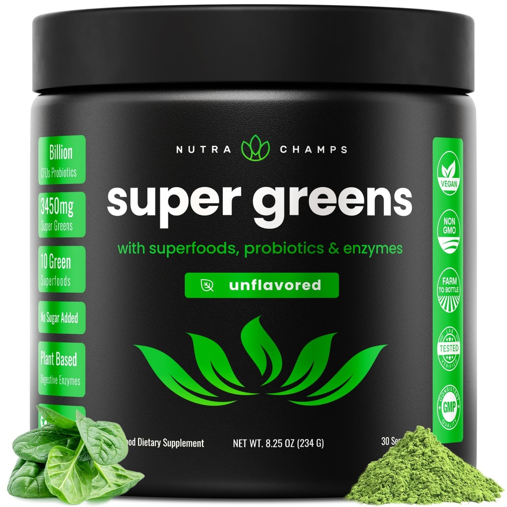 NutraChamps Super Greens Poudre Premium Superfood. 20+ Produits bio de légumes verts entiers.