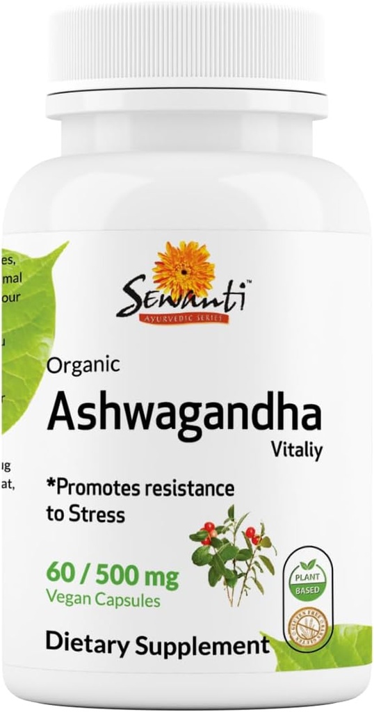 Sewanti Organic Ashwagandha Capsules - Natürliche Stress Relief & Energie Boost - Nahrungsergänzungsmittel High Potency Extract 60 Vegan Capsules - 500mg