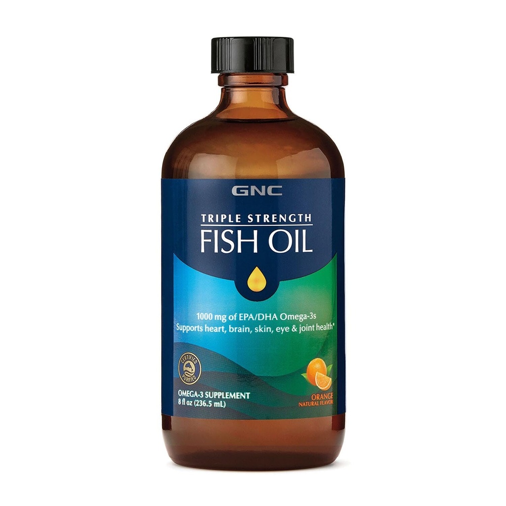 GNC Triple Strength Fish Oil Liquid Supplement, Wild Deep Ocean Caught. mit 1000mg EPA DHA Omega 3s, für, Herz, Gehirn, Haut, Auge, Joint Health, Natural Orange Flavor, 8 Fl Oz, 47 Servierungen