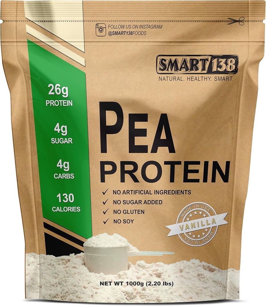 Smart138 Protéine de pois de vanille, poudre ultrafine, végétalien, sans gluten, sans soja, sans laiterie, non-OGM, États-Unis/Canada, kéto (graisse), BCAAs naturelles (1000g / 2,2lbs, vanille)
