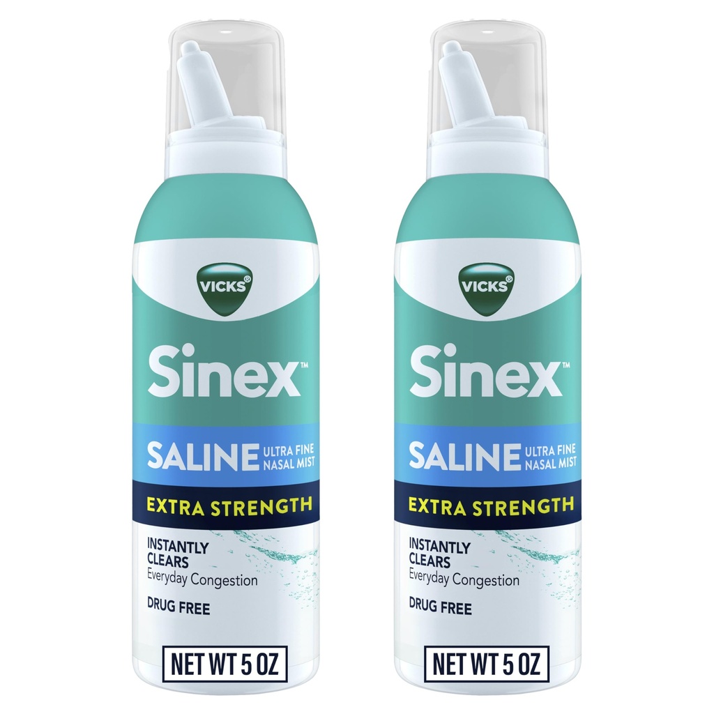VICKS Sinex Saline Extra Strength Nasal Spray, 3X Concentrated* Drug Free Ultra Fine Mist, Instant Clears Mucus, Ultra Concentrated to Clear Congestion Fast, Safe For Daily Use, 5 OZ x 2