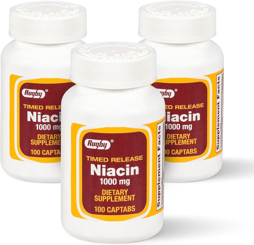 Rugby Timed-Release Niacin 1000mg Nahrungsergänzung für Erwachsene für Energie, Zirkulation und Stoffwechselunterstützung, 100 Captabs (Pack von 3)