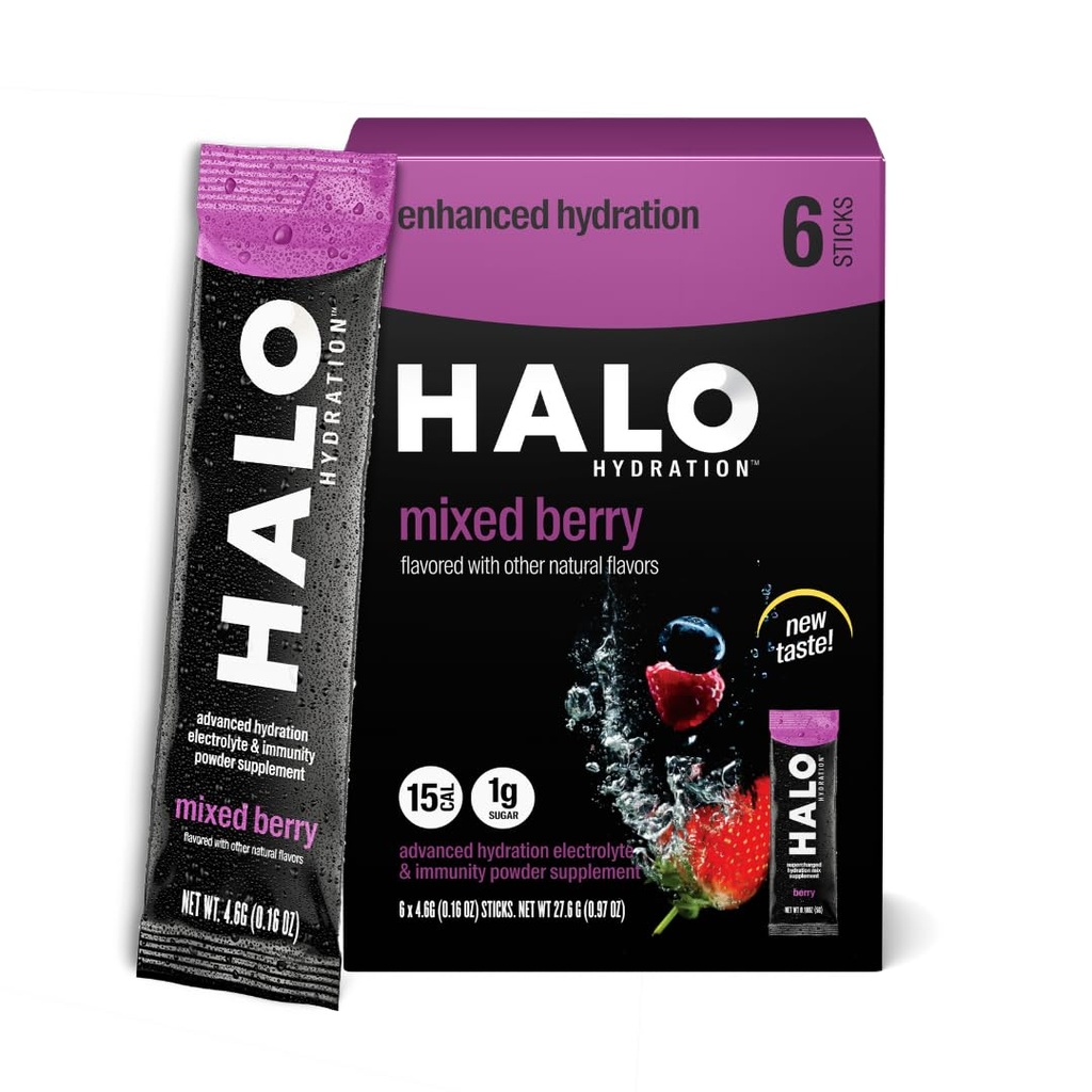 HALO Hydration - Elektrolyt-Getränk-Mix | Hydration Pulver-Packets | Berry Flavor – Für Sport und Radfahren | Easy Open Single Servier-Stick | 6 Sticks