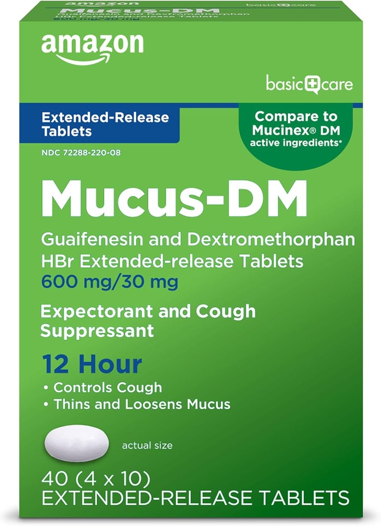 Basic Care Mucus Relief DM,12 Hour Guaifenesin & Dextromethorphan Hydrobromid Extended-Release Tabletten, 600 mg/30 mg, 40 Count (Pack von 1) (Verpackung kann variieren)