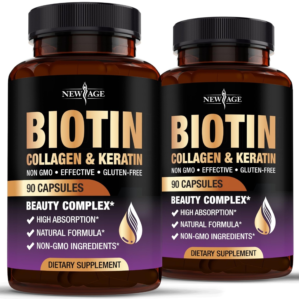 NEUE AGE Biotin Collagen Keratin Hyaluronsäure - 50.000 mcg Haarwachstum Vitamine für Männer und Frauen, Nägel, Haare, Haut Vitamine und DHT Blocker mit Vitamin E Folsäure Kürbiskern MSM- 180 Count