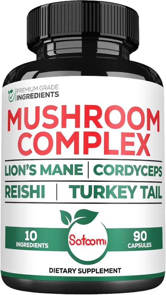 Satoomi 10in1 Lions Mane Supplement Complex - Blended with Cordyceps Sinensis, Reishi Mushroom, Turkey Tail Mushroom & Others - 90 Count für 3 Monate