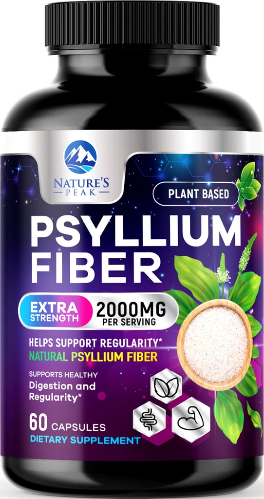 Psyllium Husk Fiber Supplement 1500mg - Vegan Prebiotische, lösliche Faser für tägliche Verdauungsunterstützung, natürliche Psyllium Powder Caps, Sugar-Free, Non-GMO & Gluten-Free - 60 Kapseln