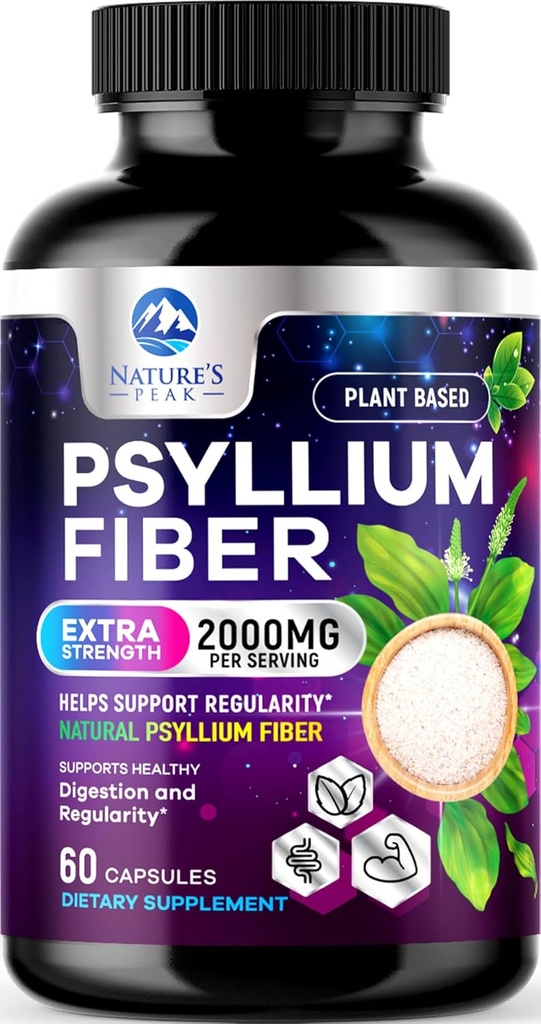 Psyllium Husk Fiber Supplement 1500mg - Vegan Prebiotische, lösliche Faser für tägliche Verdauungsunterstützung, natürliche Psyllium Powder Caps, Sugar-Free, Non-GMO & Gluten-Free - 60 Kapseln