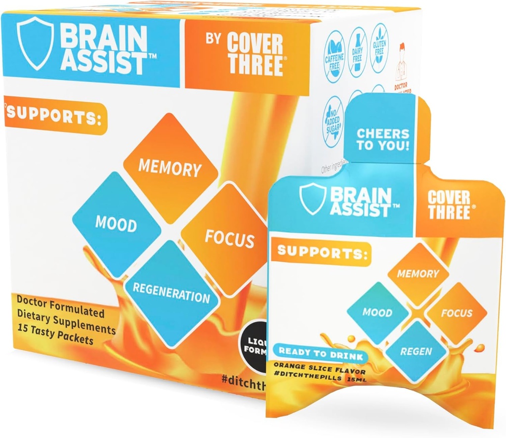 Cover Drei Brain Assist Brain Supplement, Nahrungsergänzungsmittel mit Curcumin, Uridin, Orange Slice Liquid Brain Support Formel, High Performance Memory Supplements