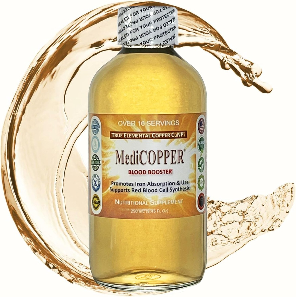 Medicopper Blood Booster True Colloïdal CuNP Nutrient - 250 mL dans une bouteille en verre transparent