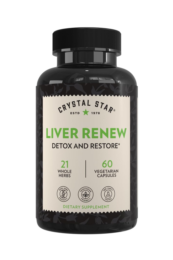 Crystal Star foie Renew, 60 capsules, supplément de nettoyage du foie à base de plantes qui soutient la fonction normale du foie et favorise la libération de toxines - chardon de lait, non-OGM