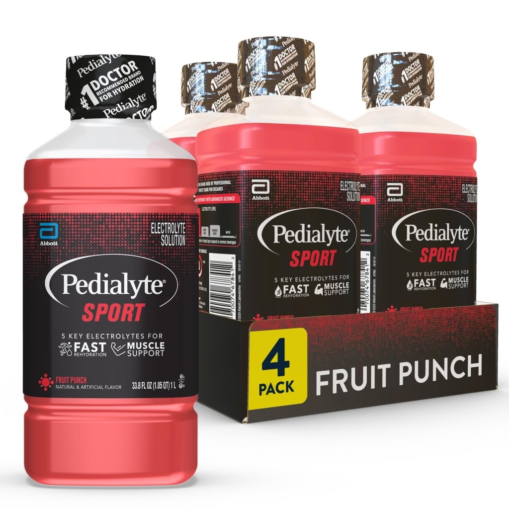 Pedialyte Sport Electrolyte boisson, hydratation rapide avec 5 électrolytes clés pour le soutien musculaire avant, pendant et après l'exercice, punch fruit, 1 Litre, paquet de 4