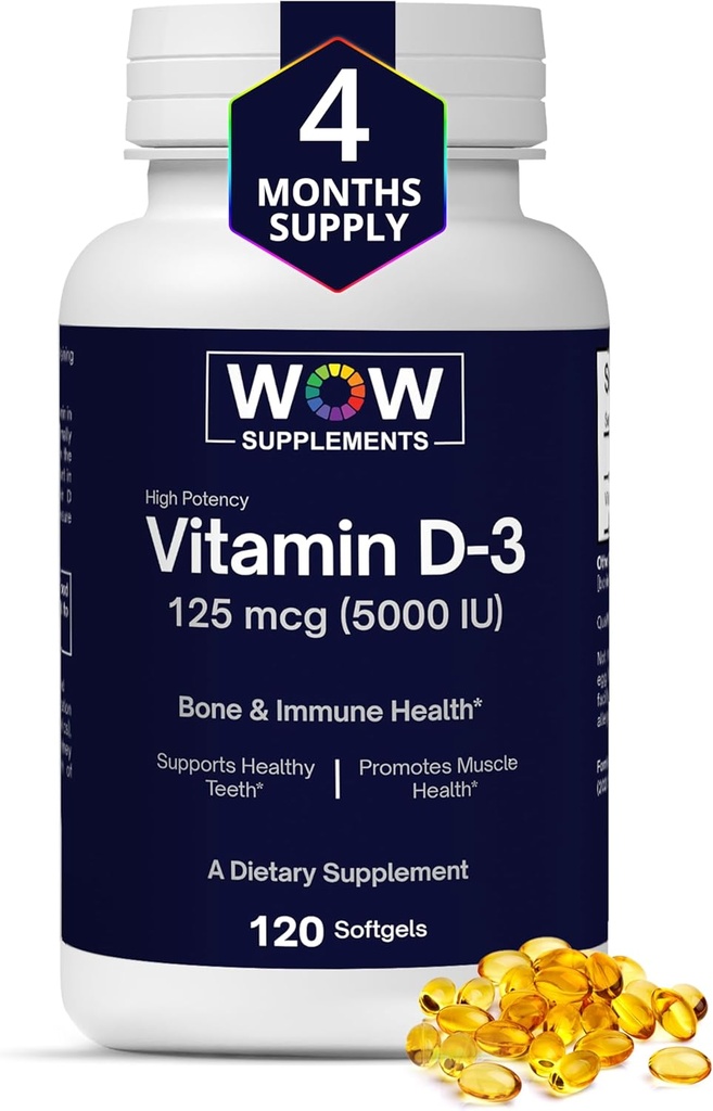 WOW ergänzt Vitamin D3 5000 IU Softgels, 125 mcg - Vitamin D3 5000IU Beilage für starke Knochen und Immununterstützung - Non-GMO, Glutenfreies Vitamin D 5000 IU - VIT D3 5000 IU Softgels - 120 Count