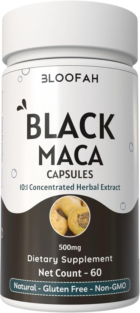 Schwarze Maca Kapseln 500mg | 10:1 Extrakt Pulver | Konzentrierte Kräuterergänzung | Non-GMO, Glutenfrei, Maca Root Extract | Premium Kräuternahrung (60 Count)