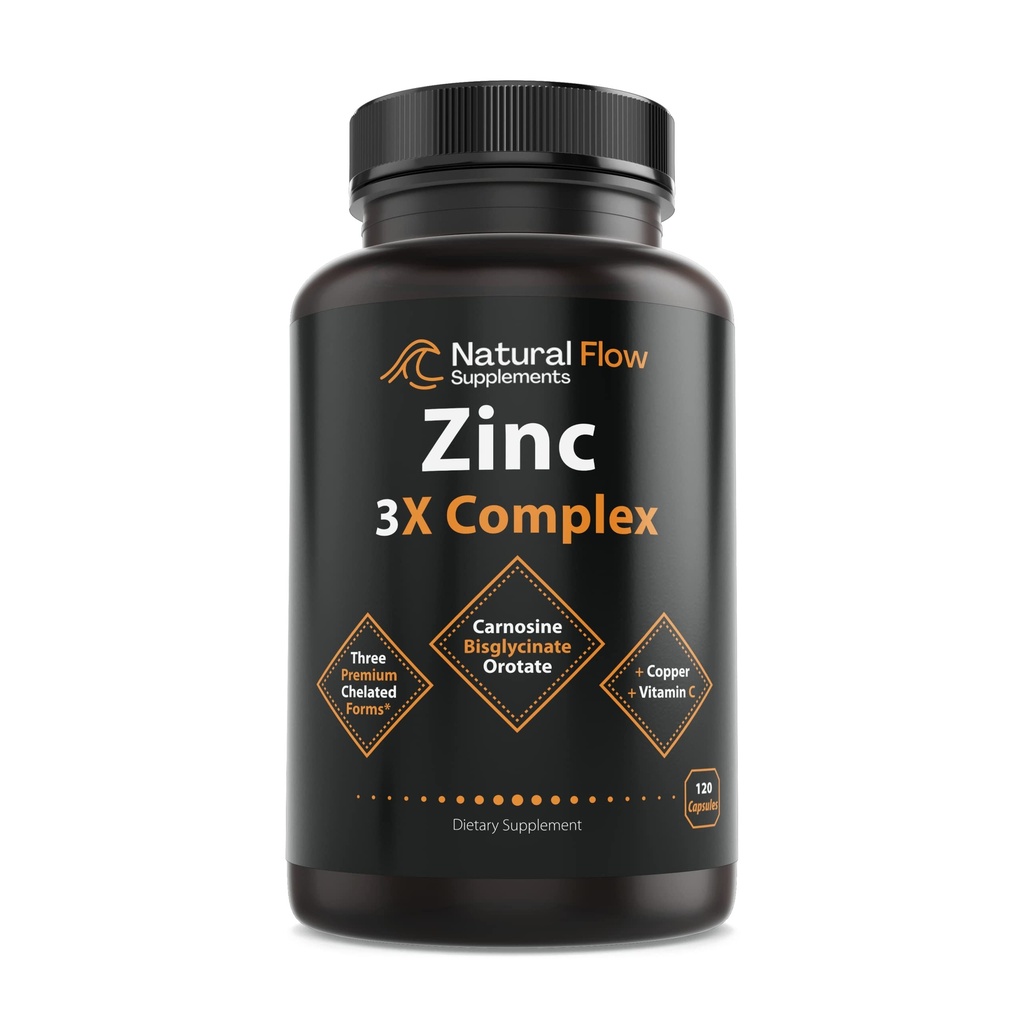 Zinkergänzungskomplex mit Kupfer und Vitamin C - Natürlicher Fluss 3X Zinkcarnosin, Bisglycinat-Chelat und Orotat, Chelat-Kupfer, leicht auf dem Magen, Haut und Immununterstützung, 120 Kapseln