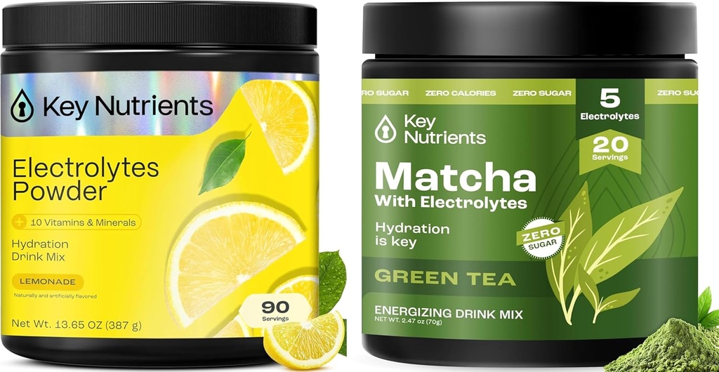 KEY NUTRIENTS Deal Bundle - Lemonade Elektrolyte Pulver (90 Portionen) + Matcha Pulver mit Elektrolyten für Hydration und Energie (20 Portionen)