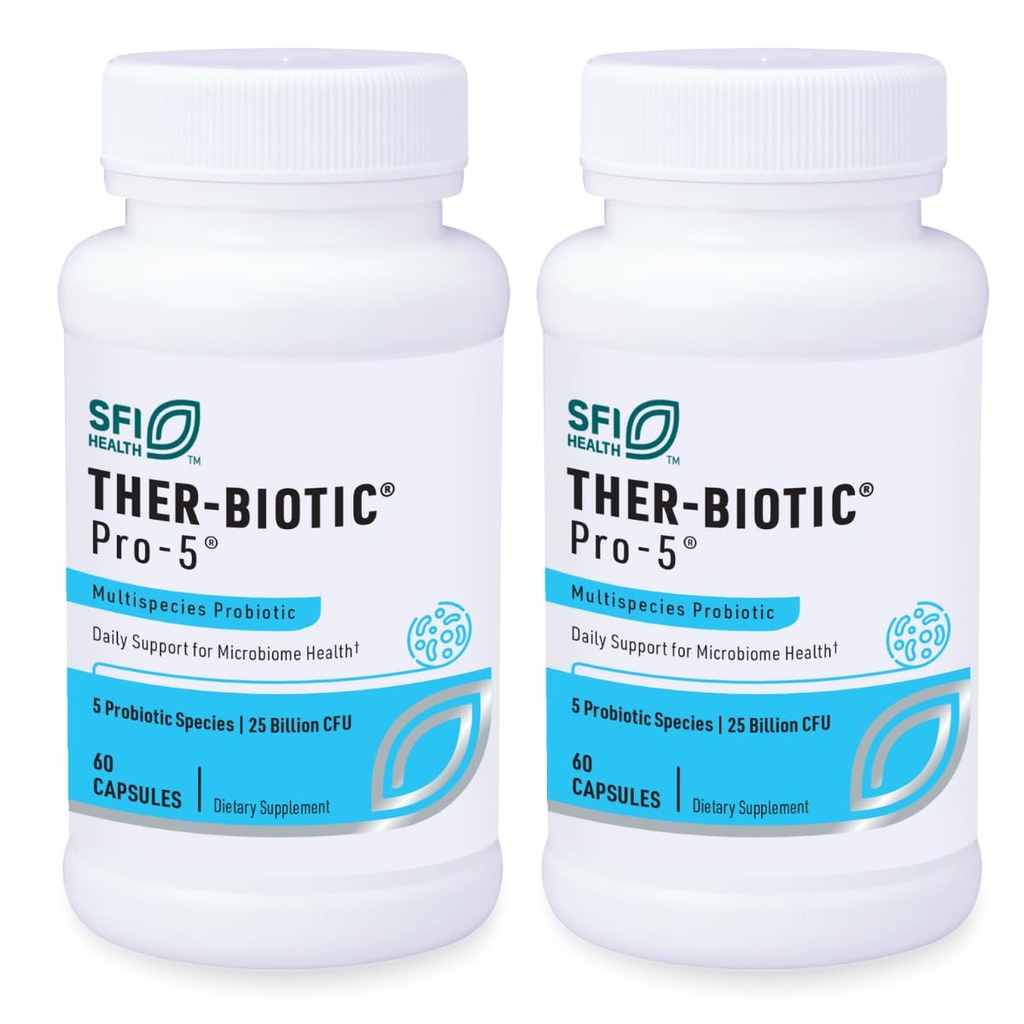 Klaire Labs SFI Health Pro-5 Probiotique - 25 milliards CFU Multispecies haute dose Soutien à la recolonisation Gut pour les hommes et les femmes, hypoallergénique et sans lait (60 capsules, 2 paquets)
