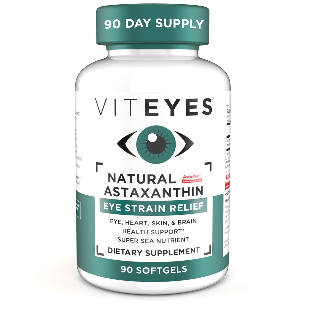 Viteyes Natural Astaxanthin, Relieve Tired Eyes & Eye Strain, Quelle: Algen, Hauthydratation, Herz- und Gehirngesundheit, 4 bis 8 mg Natural Astaxanthin, 90 Softgels