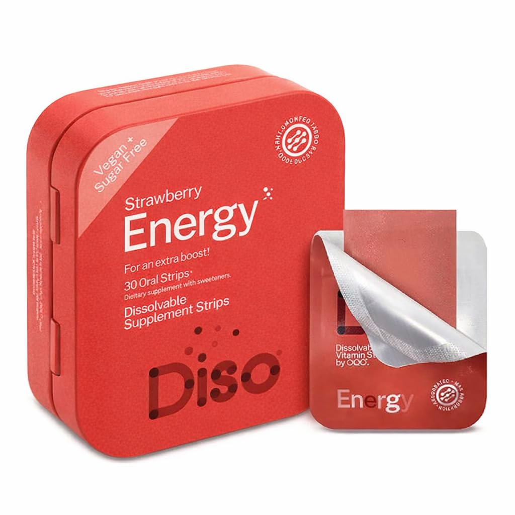 DISO - Energie - Schnellauflösende Koffeinstreifen mit Vitaminen, Erdbeer-Flaschen, Vegan, Zuckerfrei, hohe Absorption, Glutenfrei, Individuell Wrapped, 30 auflösende Streifen