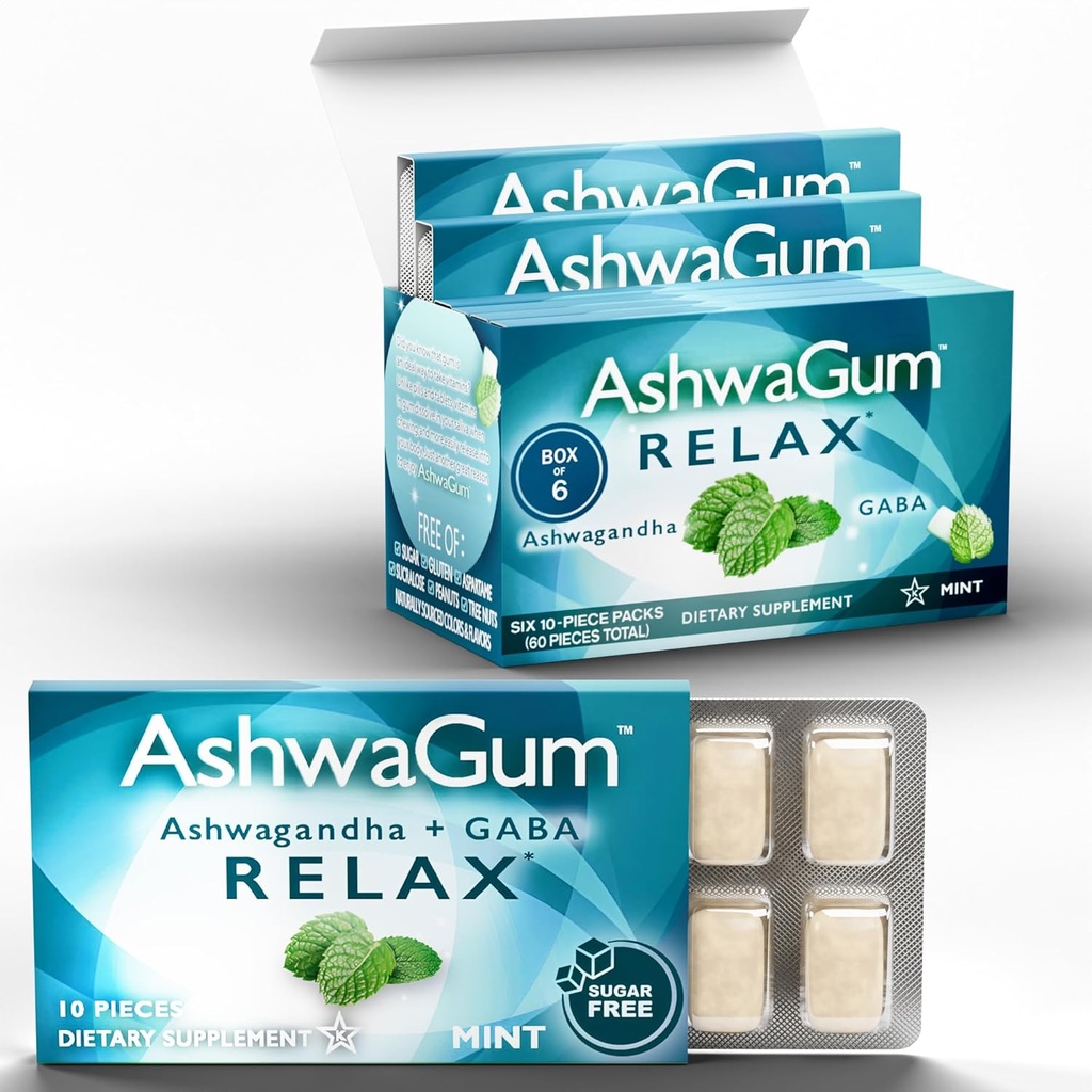 AshwaGum RELAX Gum von BetterGum, High Potency Supplement mit KSM 66 Ashwagandha und Gaba, unterstützt Stress und Angst Relief, Cortisol Support, Alternative zu Gummi, Sugar-Free, 10 Stück - 6 Pack