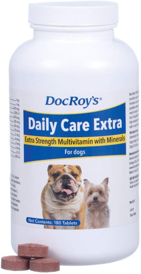 Doc Roy's Daily Care Extra, Advanced Multivitamin für Hunde, unterstützt Energie, Immun, Muskel, Knochen und Gehirn Gesundheit, bietet Vitamine A C D3 E B Complex, Eisen Zink Magnesium Iodine, Made in USA 180 ct