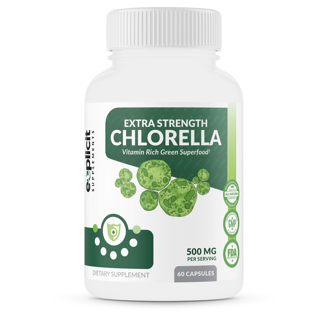 eXplicit Ergänzungen extra Stärke Chlorella Superfood Kapseln Gebrochene Zellwand Hohe Potenz Vegan Super Food, 1000mg Daily - 60 Kapseln