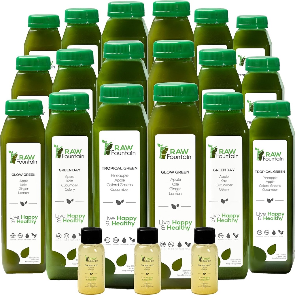 7 Jour de nettoyage de jus vert par Fontaine crue, tous naturels cru, Détox végétalien, jus pressé froid, 42 bouteilles 12oz, 3 coups de gingembre
