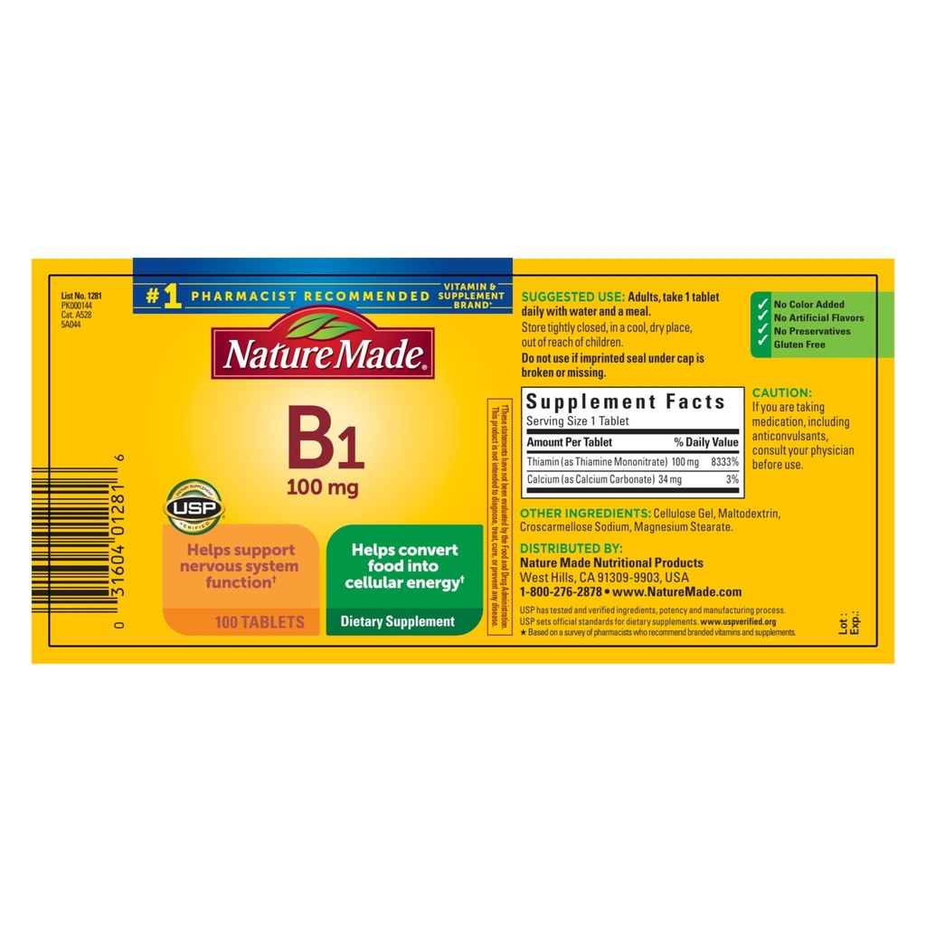 Nature faite de vitamine B1 100 mg, supplément alimentaire pour le métabolisme énergétique, 100 comprimés, 100 jours d'approvisionnement