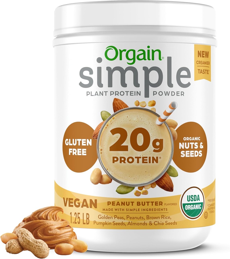 Orgain Organic Simple Vegan Protein Powder, Peanut Butter - 20g Pflanzen basiertes Protein, Mit weniger Zutaten, keine künstlichen Süßungsmittel, Glutenfrei, keine Milch oder Lactose, 1,25 lb (Verpackung Mai Vary)
