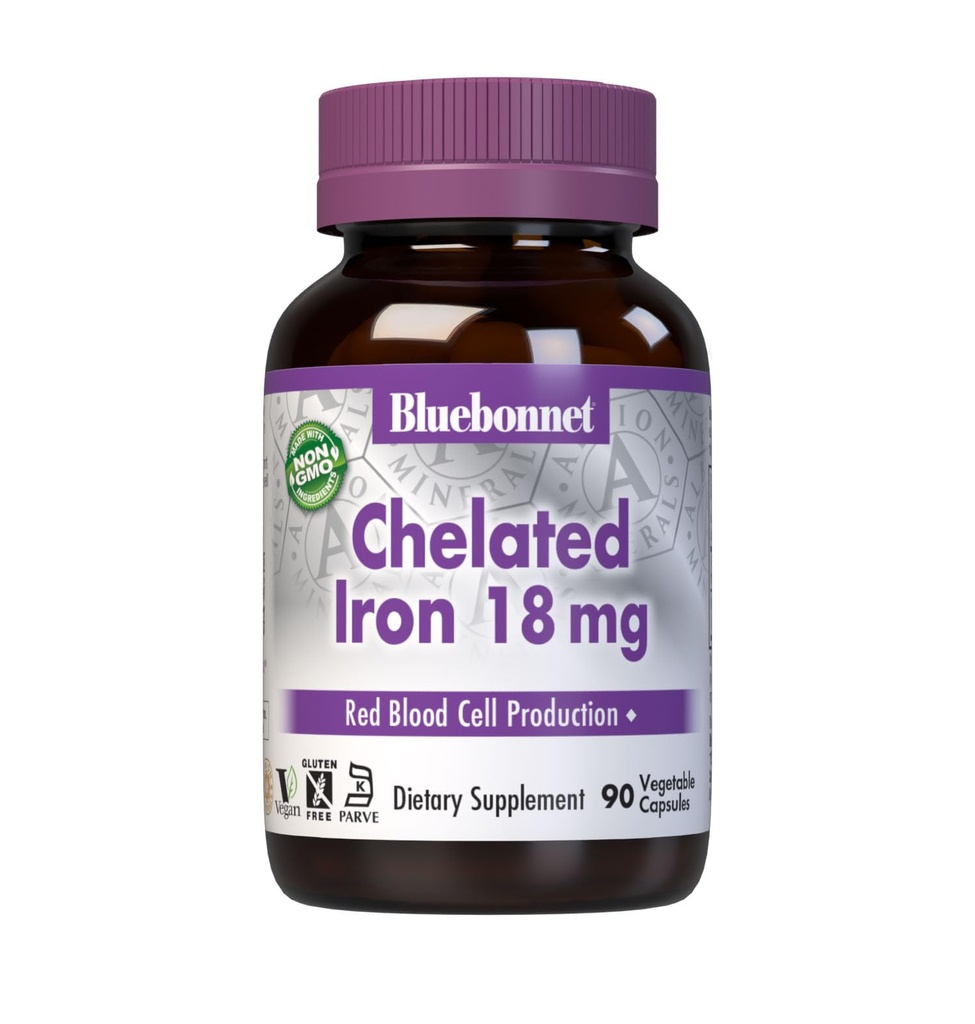 Bluebonnet Nutrition Chelat Iron 18 mg - nicht-konstipierende Eisen - Sojafrei, Glutenfrei, Non-GMO, Kosher Certified, Dairy-Free, Vegan - 90 Gemüsekapseln, 90 Serviergeräte