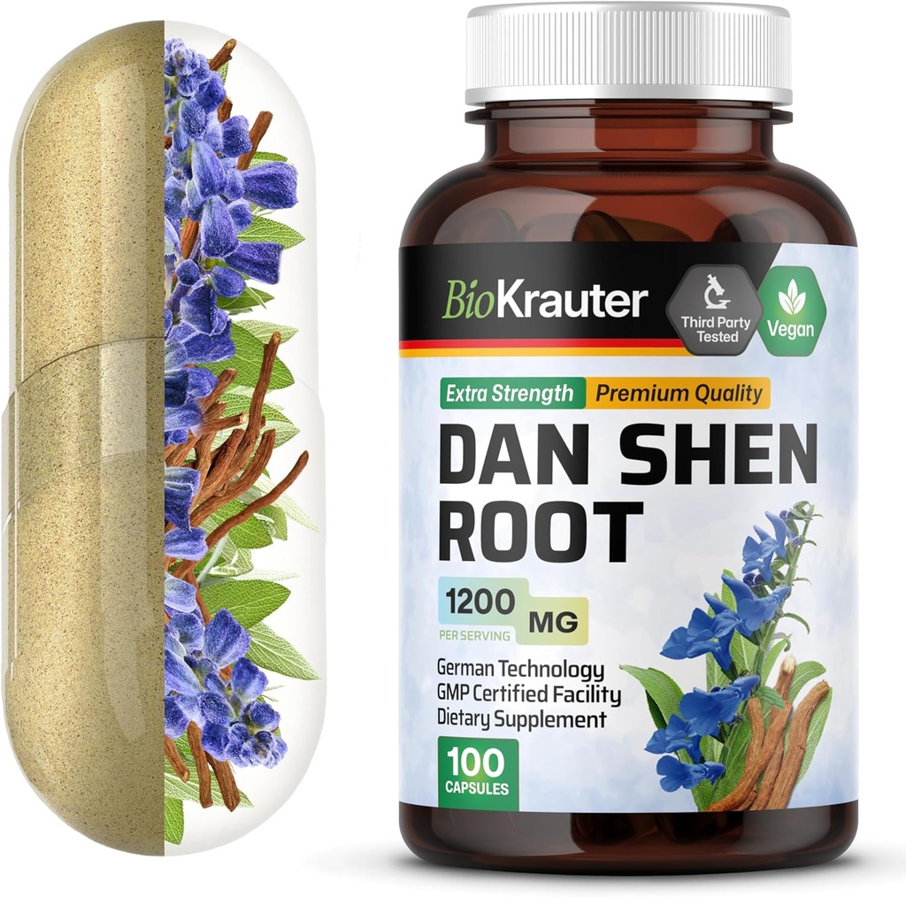 BIO KRAUTER Dan Shen Root Capsules - 1200 mg Stärke - 100 Red Sage Caps - Antioxidant Source - Salvia Miltiorrhiza Root - Vegan
