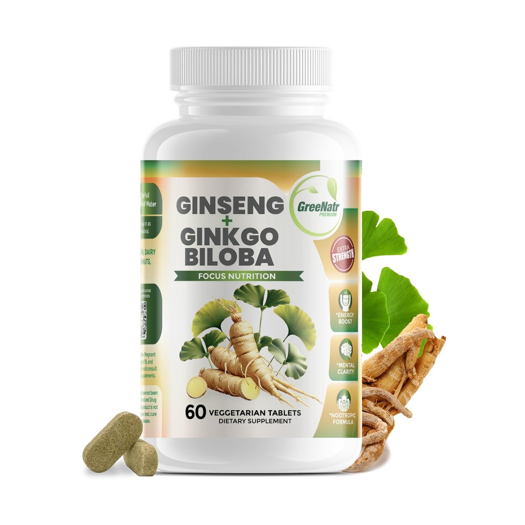 GreeNatr Ginko Biloba & Panax Supplément Ginseng - Supplément Cerveau Ginseng Rouge pour Mémoire et Focus - Suppléments Ginkgo Biloba pour une bonne vision, système immunitaire et amélioration du flux sanguin - 60 comprimés