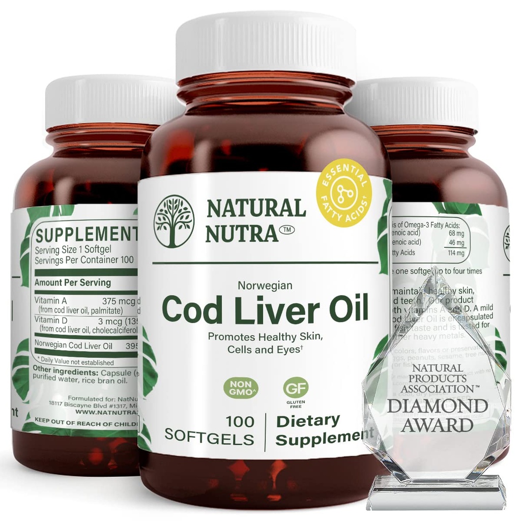 Natural Nutra Norwegian Cod Liver Oil Supplement, hilft, Haut zu halten, hilft Körperdichte, Augengesundheit und Nerve-Funktion, fördert Zahngesundheit, unterstützt Herz-Kreislauf-Gesundheit, 100 Softgels