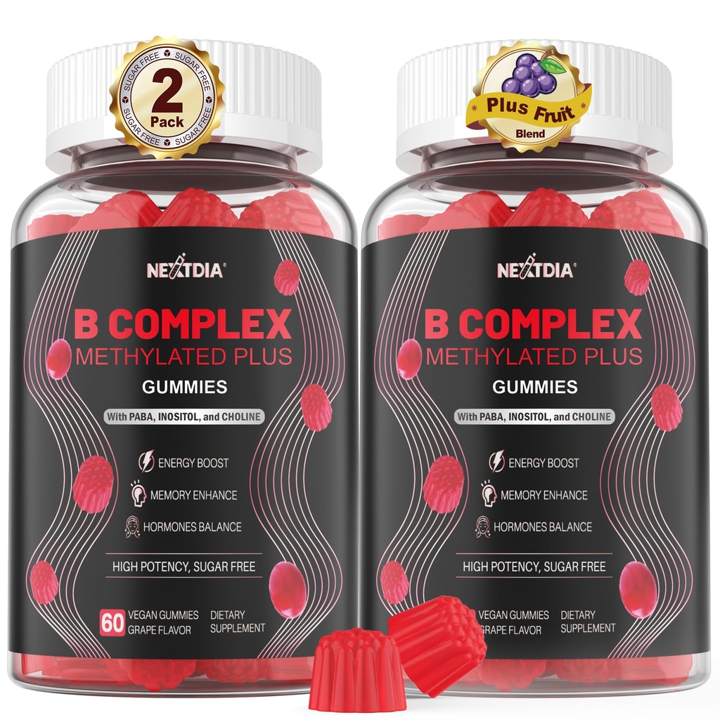 Brain & Mood Support Gummis, Super Vitamin B Complex für Männer & Frauen, Alle B Vitamin B1 B2 B3 B5 B6 B7 Folate MethyB12 mit PABA, Inositol, Choline, unterstützt MTHFR Gene & Energy, Vegan, 120Ct