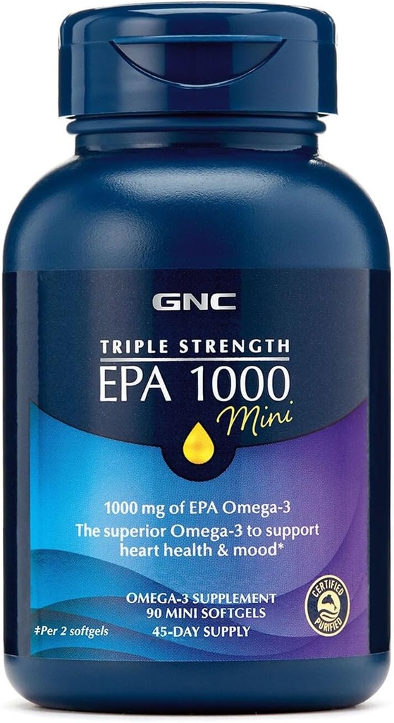 GNC Triple Strength Fish Oil EPA 1000 Mini, 1000mg Omega 3, Mini Softgels, unterstützt Augen, Gehirn, Haut, Gesunde Triglyceride, Herz, Gelenk, beschichtet, um Fishy Burps, 45 Servierungen