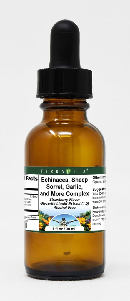 Terravita Echinacea, Sorrel de mouton, Ail et plus complexe Extrait liquide de glycérite (1:5) - Aromatisé aux fraises (1 oz, ZIN: 523692)