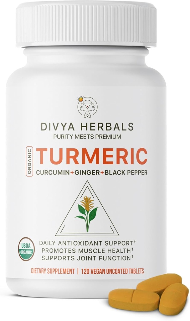 Organic Turmeric & Ginger + Black Pepper - 100% Pure Whole Roots, Unprocessed, Uncoated, Authentic Ayurvedic Blend - Supports Joint Health & Immunity – 120 Vegan Tabs