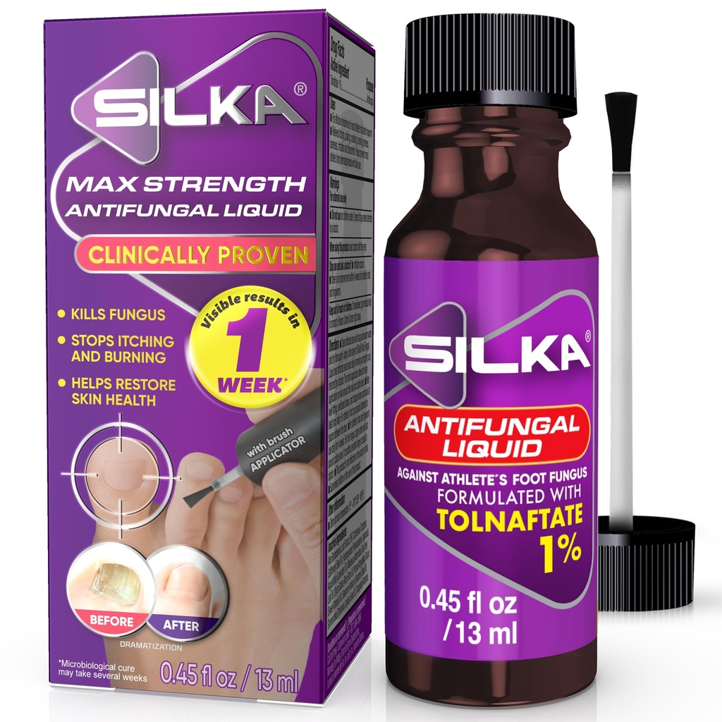 SILKA Max Strength Antifongique liquide pour la santé des Toénails avec applicateur de brosse, résultats en 1 semaine, traitement des champignons de ongles pour les ongles endommagés, traitement des pieds des athlètes, Tolnaftate 1% 0,45 Fl Oz