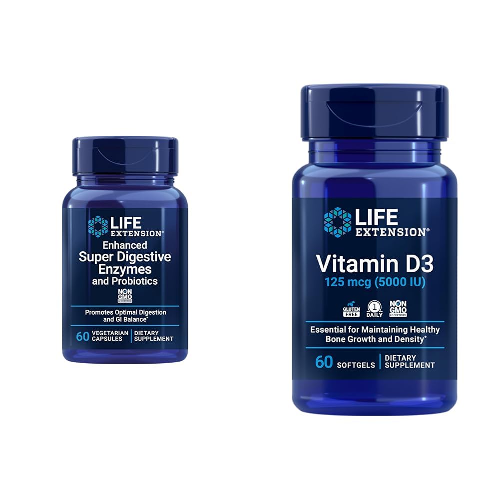 Life Extension 60-Count Super Digestive Enzyme & 5000 IU Vitamin D3 Kapseln für Verdauung, Knochen, Gehirn, Immungesundheit